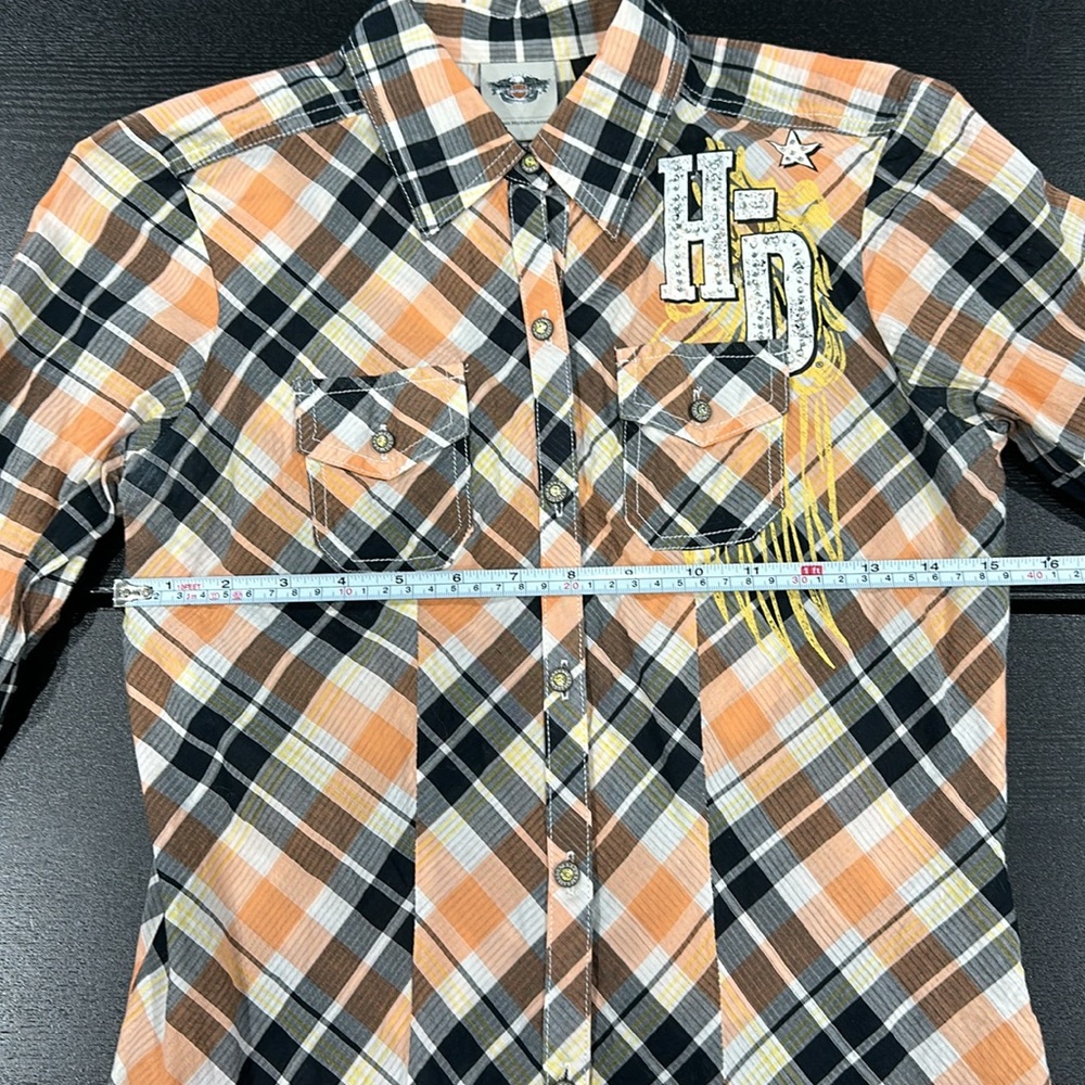 Harley-Davidson Women’s Orange and Black Plaid Shirt with Rhinestone Wing - XS - Picture 8 of 10